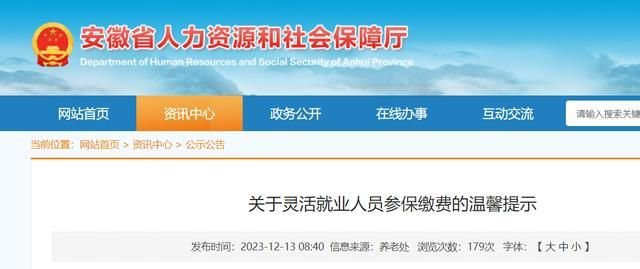 事关灵活就业人员参保缴费，安徽发布最新温馨提示大皖新闻2023-12-13 10:35大皖新闻2023-12-13 10:35